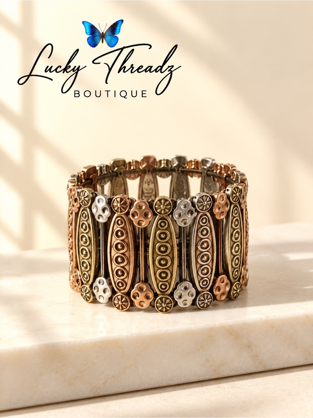 Tri Tone Mixed Metal Wide Stretch Cuff Bracelet Boho Artisan Stamped Metal